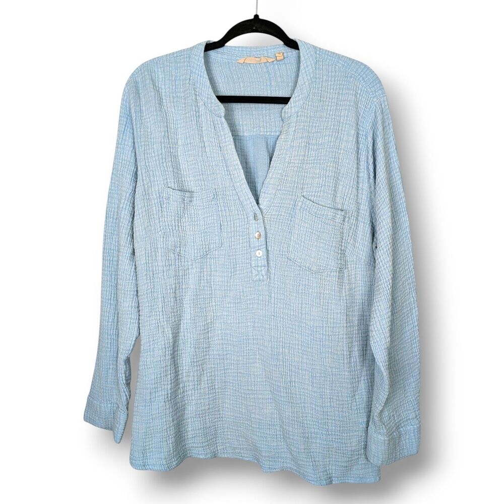 Soft Surroundings Gauze Henley Top Womens 2X Blue Cotton Long Sleeve Beach